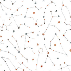 Watercolor seamless children's pattern with stars and constellations of all zodiac signs. Perfect for posters, postcards, textiles, packaging, prints © Eva Gentle