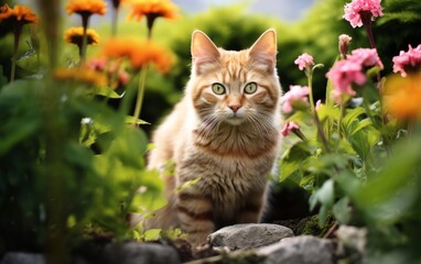 Naklejka na ściany i meble Photo of a Cat in flower garden
