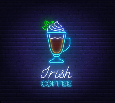 Irish Coffee cocktail neon sign on brick wall background