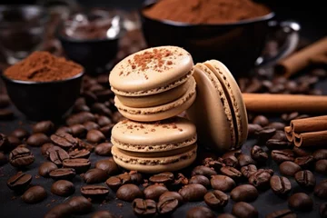Deurstickers Macarons coffee flavored macarons on a bed of coffee beans