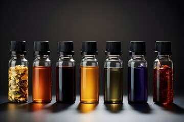 Small vials of essential oils, backlit product image