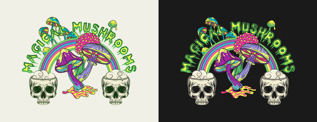 Label with text, colorful mushrooms, psychedelic rainbow, human half skull, text Magic Mushrooms. Concept of madness. Vintage style. Not AI