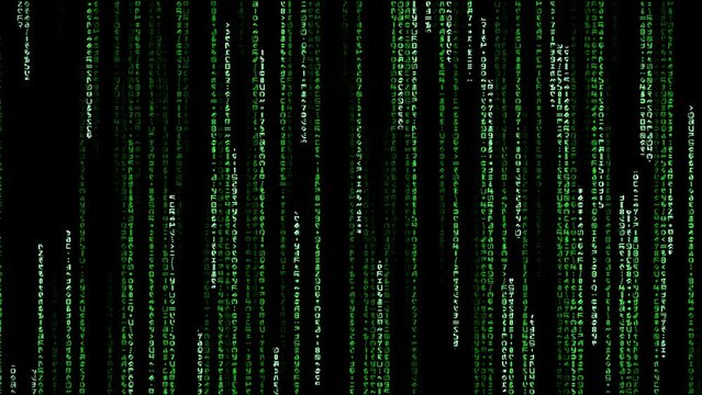Green random code motion animation on a black screen. 4k quality background video