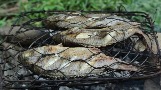 Goldfish that is burned using a wire net with a burning fire. 4k footage