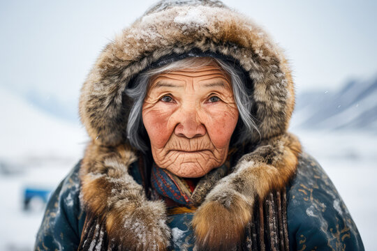 Portrait Of An Old Eskimos Woman In Alaska Wearing Winter Clothing. Ai Generated