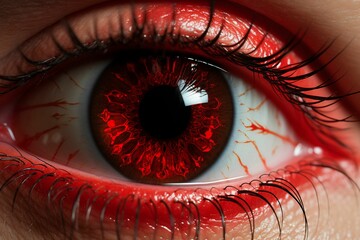 AI generated illustration of a human eye with a red iris - obrazy, fototapety, plakaty