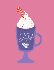Christmas card with hot cocoa, whipped cream and cane in mug. Vector illustration