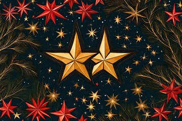 christmas tress decoration with star architecture in shinning gold color  amd hanging  stars in black background 