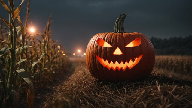 Huge Spooky Halloween jack-o-lantern in cornfield morph