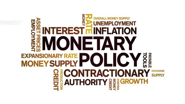 Monetary Policy animated tag word cloud;text design animation kinetic typography seamless loop.