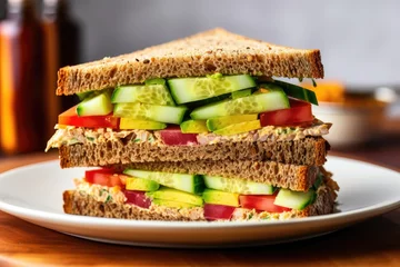 Papier Peint photo Lavable Snack clubhouse-style sandwich on rye bread, cut in triangles
