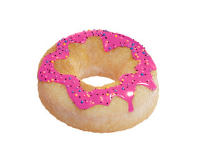 A donut with pink dripping glaze and multicolored sprinkles. Sweet pastries from the bakery, confectionery cafe and colorful glazed donuts. 3d donut on a white background
