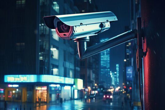 CCTV camera in a city street. AI generative