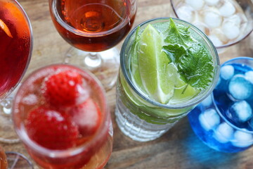 Set of wine, brandy, liqueur, grappe, cocktail, mojito, cognac, whiskey in glasses. Large variety of alcohol and spirits for making cocktails and drink