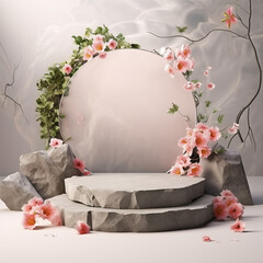 Blank podium mockup decorated with flowers and natural leaves