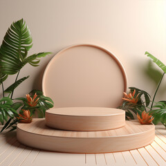 Natural wooden podium stage display mockup for product presentation