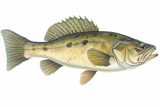 Colorful illustration of a European bass, side view of the fish with thorny dorsal fins, isolated on a white background. Generative AI