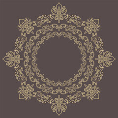 Oriental vector ornament with arabesques and floral elements. Traditional classic round brown and golden ornament. Vintage pattern with arabesques