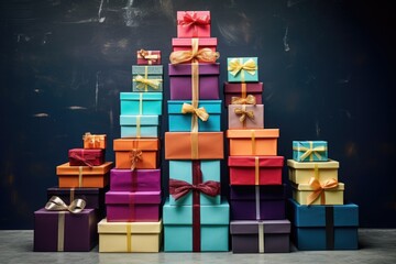 a variety of colorful christmas gift boxes stacked