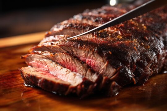 Fork Tenderizing Smoked Beef Brisket, Extreme Close Up