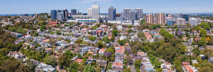 Panoramic aerial drone view of Bondi Junction, in east Sydney, NSW Australia, looking from above...