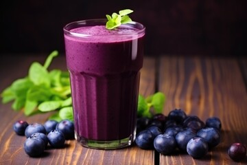 close-up of a purple smoothie with fresh blueberries on wooden table