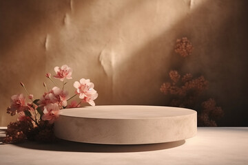 Blank 3d podium mockup decorated with flowers and shadow effect
