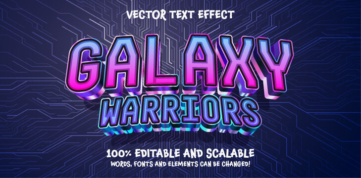 Galaxy Warriors 3d Editable Text Effect Cartoon Style Premium Vector, purple blue cyberpunk