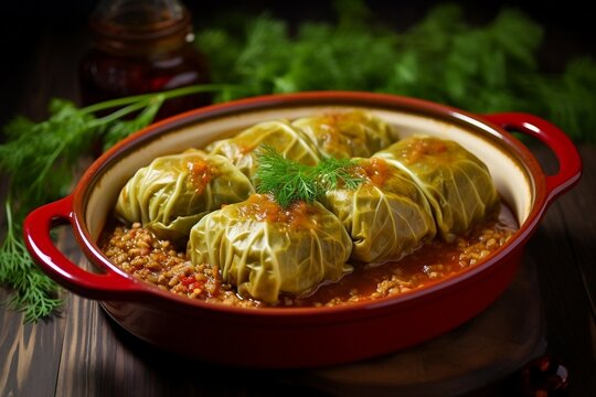 Golabki - Stuffed Cabbage Leaves With Minced Meat And Rice In Tomato Sauce