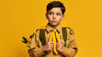 boy wearing uniform isolated on yellow background  - obrazy, fototapety, plakaty