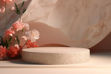 Blank 3d podium mockup decorated with flowers and shadow effect