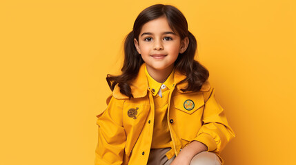 girl wearing uniform isolated on yellow background  - obrazy, fototapety, plakaty
