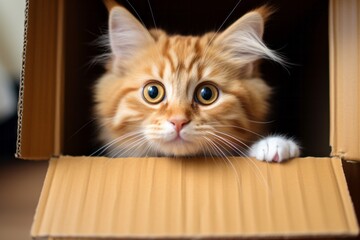 Cute funny cat in a cardboard box. AI generative