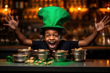 St. Patrick's Day, Irish holiday, culture and tradition, African American Kid boy wearing green leprechaun hat and clover leaf, Children having fun at St Patrick party lot of golden coins - obrazy, fototapety, plakaty