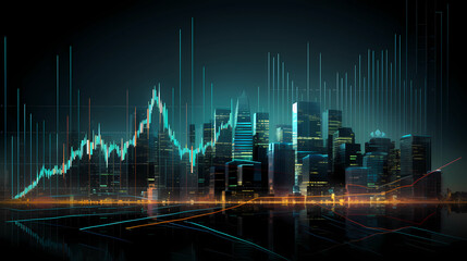 A futuristic portrayal of a glowing city skyline at night. The blend of urban architecture with digital finance data.