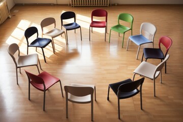 group of empty chairs arranged in a circle