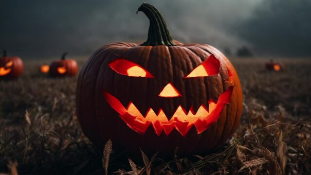 Spooky Halloween jack-o-lantern in misty field