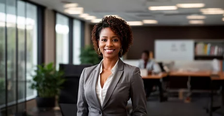 Fotobehang Happy businesswoman standing at the office, professional executive woman smiling at work. Copy space for ad and advertising. Corporate concept, executive female agent, cheerful business adviser. © Mer Sanchez
