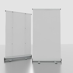 Roll up banner different angles isolated on a white background. 3D illustration. Size (120 by 200) cm 