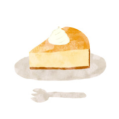 手描き　ホイップ付きチーズケーキのイラスト　お皿とフォークのセット　テクスチャあり