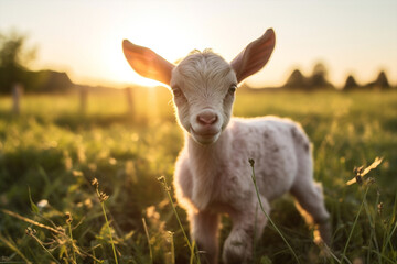 Rural summer sunset landscape cute domestic green grass farming sun goat baby animals