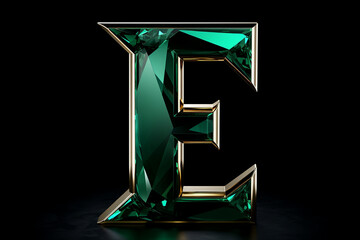 Beautiful natural 3D gemstone font design, alphabet letter E with glossy green emerald texture and gold border isolated on black background, precious stone crystal abc for luxury and jewelry concepts
