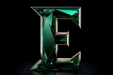 Poster Beautiful natural 3D gemstone font design, alphabet letter E with glossy green emerald texture and gold border isolated on black background, precious stone crystal abc for luxury and jewelry concepts © Aul Zitzke