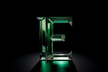 Beautiful natural 3D gemstone font design, alphabet letter E with glossy green emerald texture isolated on black background, precious stone crystal abc for luxury and jewelry concepts