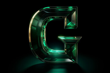 Beautiful natural 3D gemstone font design, alphabet letter G with glossy green emerald texture and gold border isolated on black background, precious stone crystal abc for luxury and jewelry concepts - obrazy, fototapety, plakaty
