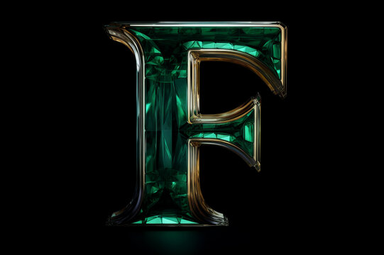 Beautiful natural 3D gemstone font design, alphabet letter F with glossy green emerald texture and gold border isolated on black background, precious stone crystal abc for luxury and jewelry concepts