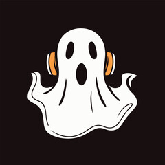 Cartoon Kawaii Ghost Wearing Headphones. Happy Halloween. Cute cartoon spooky character. Vector illustration