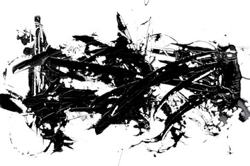 Acrylic paint blot, chaotic brushstroke, spot flowing on white paper background. Creative black color backdrop, fluid art.