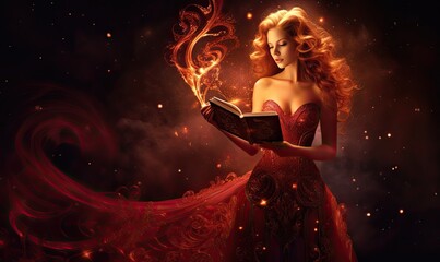 The woman's fingers delicately caressed the glowing book, its luminescence reflecting her deep connection to the arcane knowledge within its pages.