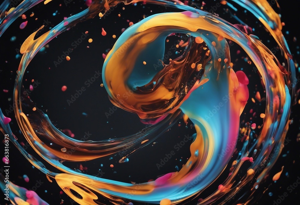 Poster Abstract circle liquid motion flow explosion Curved wave colorful pattern with paint drops on black